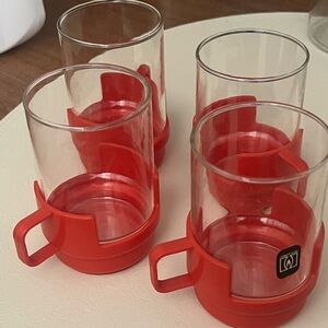 Set of 4 Red Glass Mugs with Plastic Holders NWT